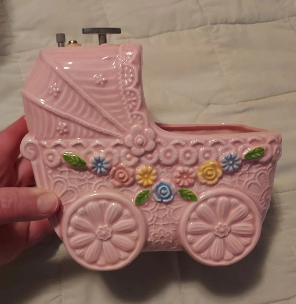 Napco Japan Planter Ceramic Pink Rock a Bye baby mechanism (needs work) EUC VTG